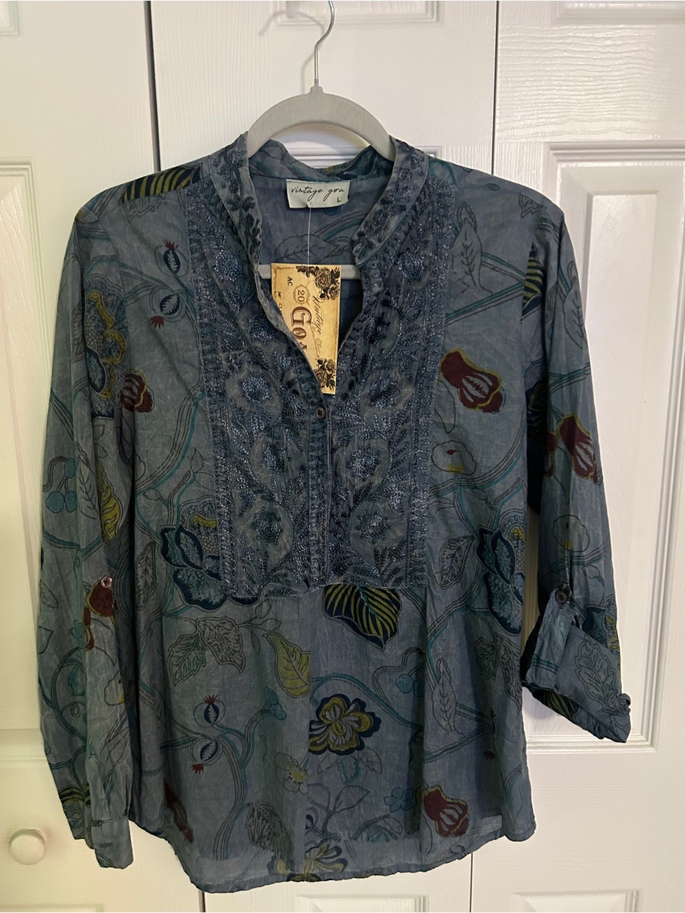 Vintage Goa Embroidered Floral Boho Tunic Blouse size L